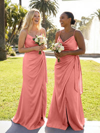 Mermaid Sleeveless Pleated Satin Spaghetti Straps Cowl Neck Bridesmaid Dresses
