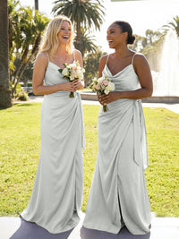 Mermaid Sleeveless Pleated Satin Spaghetti Straps Cowl Neck Bridesmaid Dresses