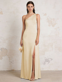 Satin One Shoulder Mermaid Maxi Bridesmaid Dresses with Slit