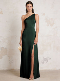 Satin One Shoulder Mermaid Maxi Bridesmaid Dresses with Slit