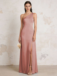 Satin One Shoulder Mermaid Maxi Bridesmaid Dresses with Slit