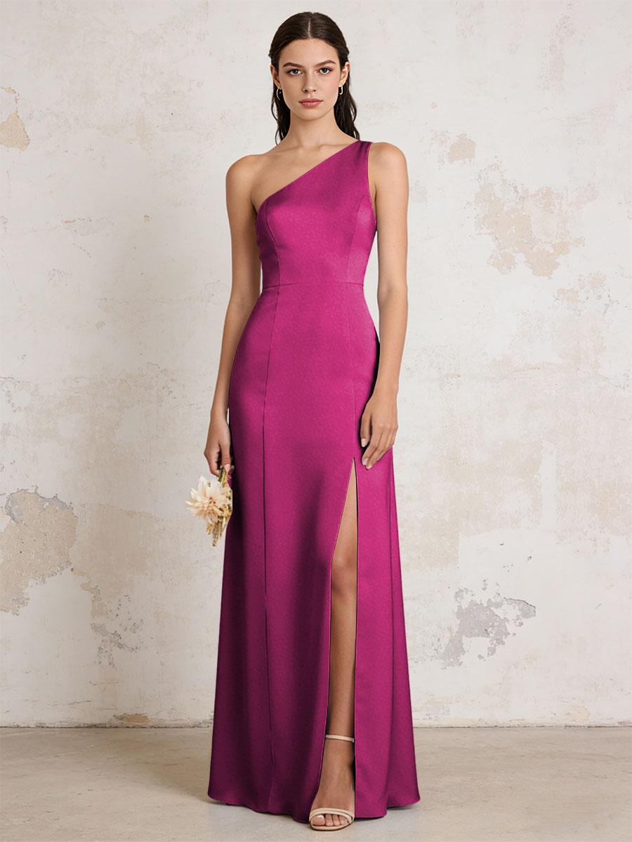 Satin One Shoulder Mermaid Maxi Bridesmaid Dresses with Slit