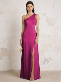 Satin One Shoulder Mermaid Maxi Bridesmaid Dresses with Slit