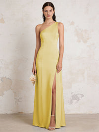 Satin One Shoulder Mermaid Maxi Bridesmaid Dresses with Slit