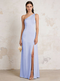 Satin One Shoulder Mermaid Maxi Bridesmaid Dresses with Slit