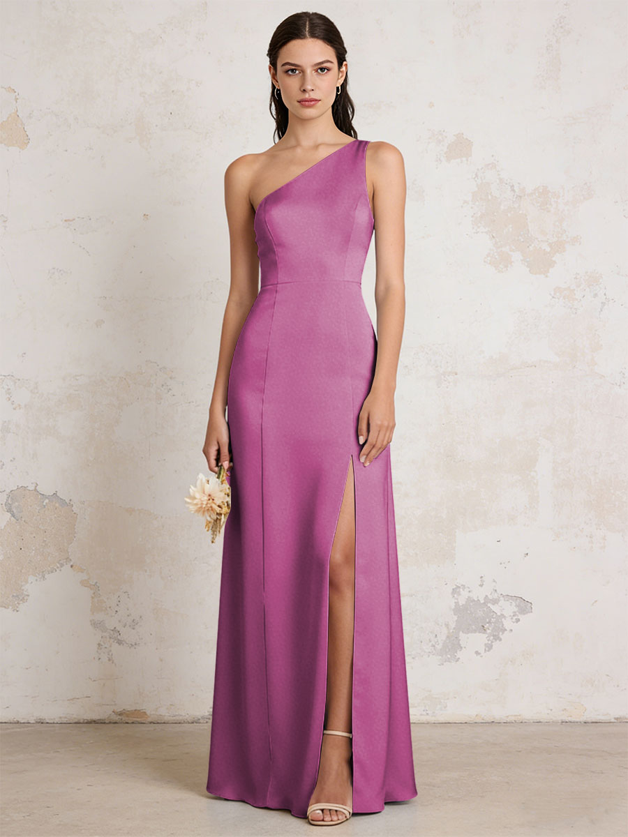 Satin One Shoulder Mermaid Maxi Bridesmaid Dresses with Slit