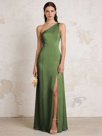 Satin One Shoulder Mermaid Maxi Bridesmaid Dresses with Slit