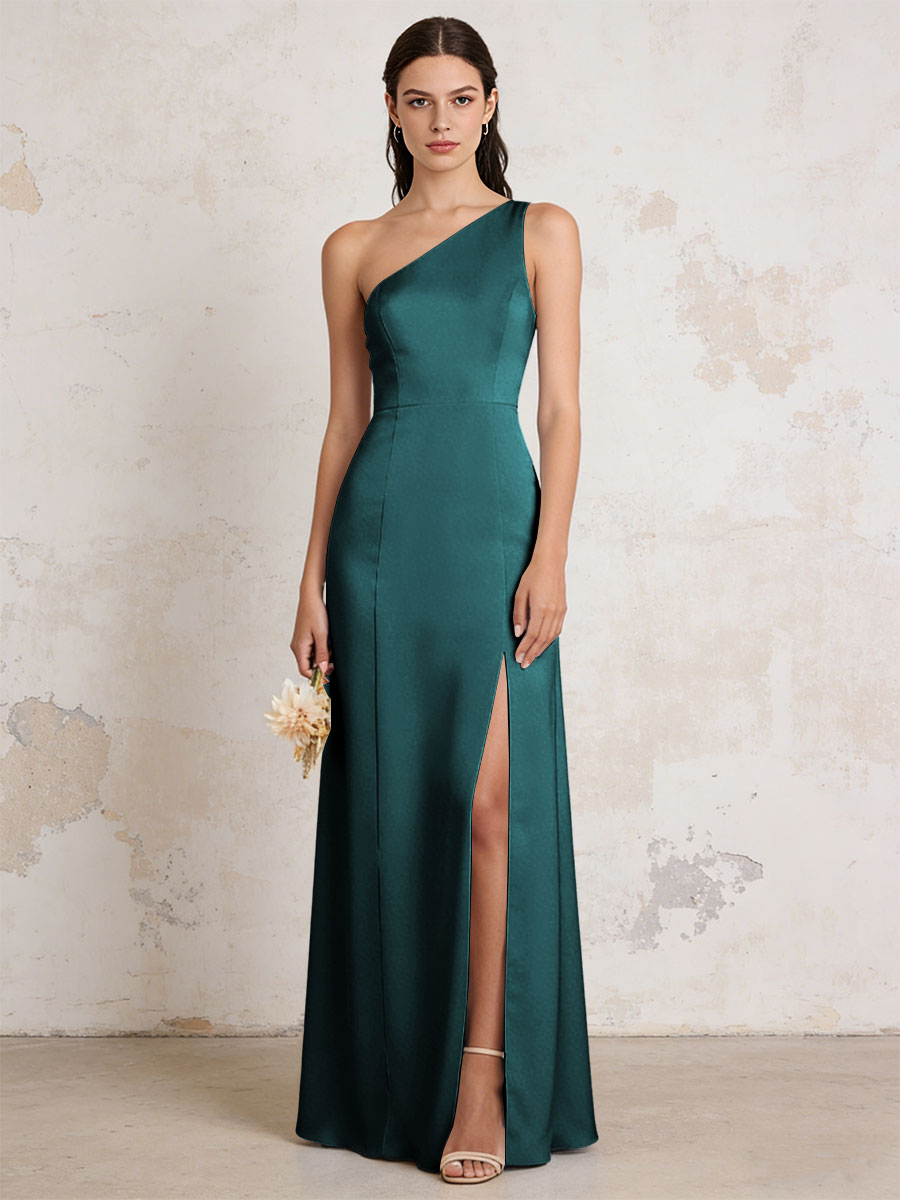 Satin One Shoulder Mermaid Maxi Bridesmaid Dresses with Slit