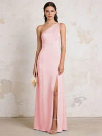 Satin One Shoulder Mermaid Maxi Bridesmaid Dresses with Slit