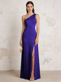 Satin One Shoulder Mermaid Maxi Bridesmaid Dresses with Slit