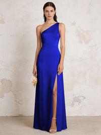 Satin One Shoulder Mermaid Maxi Bridesmaid Dresses with Slit