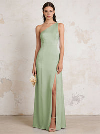 Satin One Shoulder Mermaid Maxi Bridesmaid Dresses with Slit