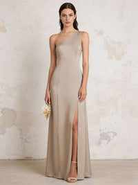 Satin One Shoulder Mermaid Maxi Bridesmaid Dresses with Slit