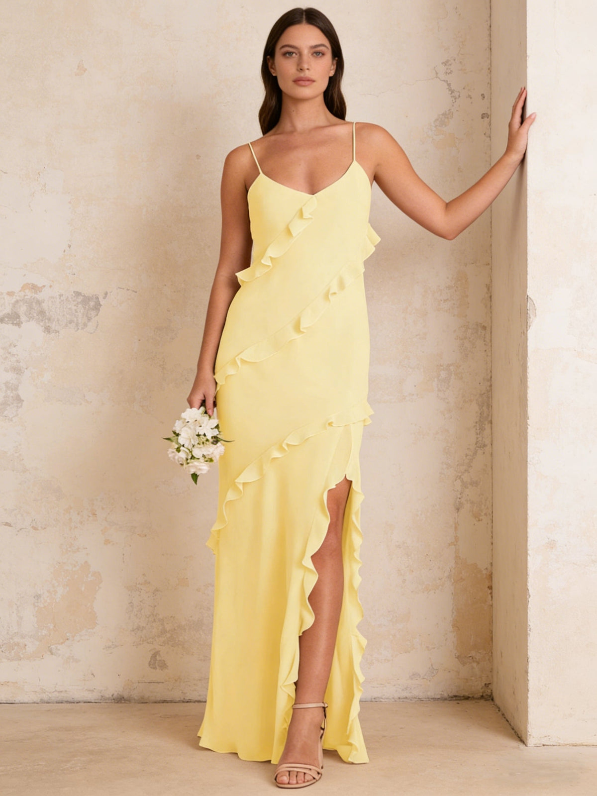 Ruffles Chiffon Spaghetti Straps Mermaid Maxi Bridesmaid Dresses with – Shirees