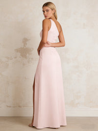 Satin One Shoulder Sleeveless Bridesmaid Dresses with Slit