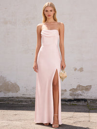 Satin Strapless Pleated Mermaid Maxi Bridesmaid Dresses with Slit