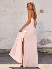 Satin Strapless Pleated Mermaid Maxi Bridesmaid Dresses with Slit