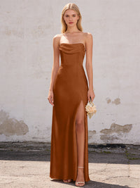 Satin Strapless Pleated Mermaid Maxi Bridesmaid Dresses with Slit