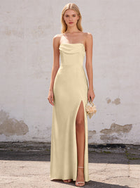 Satin Strapless Pleated Mermaid Maxi Bridesmaid Dresses with Slit