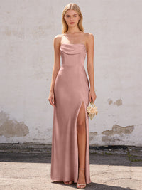 Satin Strapless Pleated Mermaid Maxi Bridesmaid Dresses with Slit