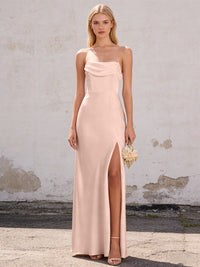 Satin Strapless Pleated Mermaid Maxi Bridesmaid Dresses with Slit
