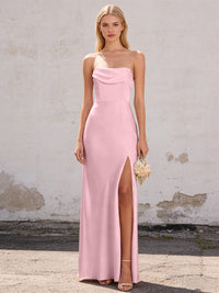 Satin Strapless Pleated Mermaid Maxi Bridesmaid Dresses with Slit