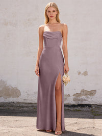 Satin Strapless Pleated Mermaid Maxi Bridesmaid Dresses with Slit