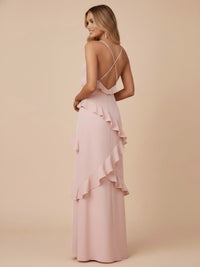 V Neck Spaghetti Straps Ruffles Chiffon Sheath Bridesmaid Dresses
