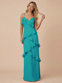 V Neck Spaghetti Straps Ruffles Chiffon Sheath Bridesmaid Dresses