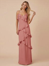 V Neck Spaghetti Straps Ruffles Chiffon Sheath Bridesmaid Dresses