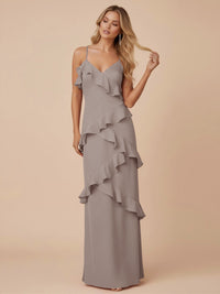 V Neck Spaghetti Straps Ruffles Chiffon Sheath Bridesmaid Dresses