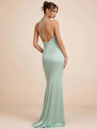 Mermaid Pleated Cowl Neck Satin Sleeveless Bridesmaid Dresses