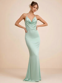 Mermaid Pleated Cowl Neck Satin Sleeveless Bridesmaid Dresses