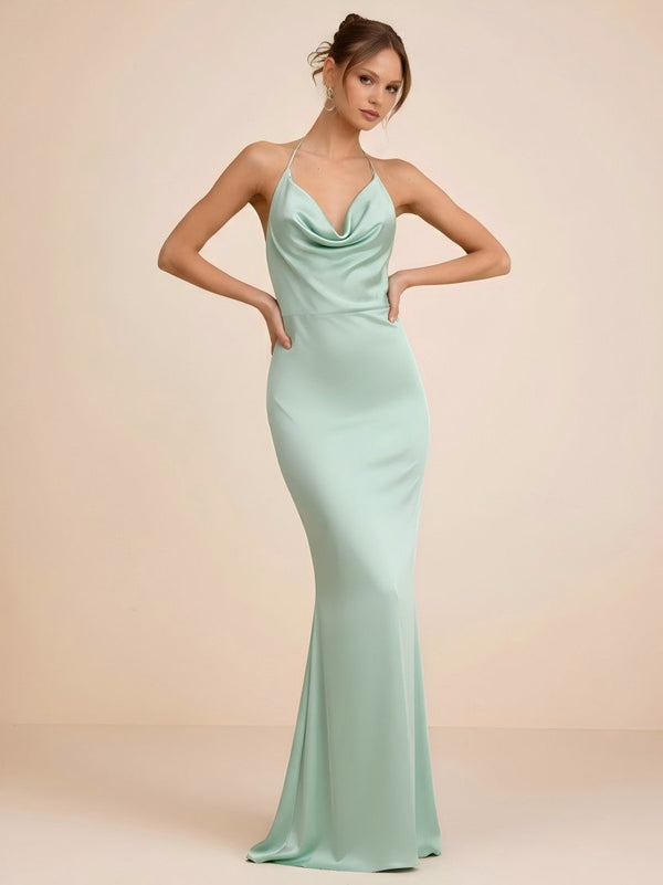 Mermaid Pleated Cowl Neck Satin Sleeveless Bridesmaid Dresses