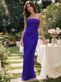 Satin Simple Strapless Long Bridesmaid Dresses