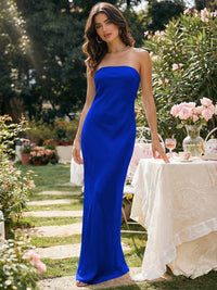 Satin Simple Strapless Long Bridesmaid Dresses