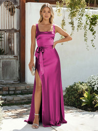 Satin A Line Square Neck Long Bridesmaid Dresses