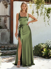 Satin A Line Square Neck Long Bridesmaid Dresses