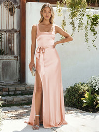 Satin A Line Square Neck Long Bridesmaid Dresses