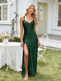 Satin A Line V Neck Long Bridesmaid Dresses Backless