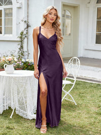 Satin A Line V Neck Long Bridesmaid Dresses Backless