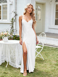 Satin A Line V Neck Long Bridesmaid Dresses Backless