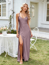 Satin A Line V Neck Long Bridesmaid Dresses Backless