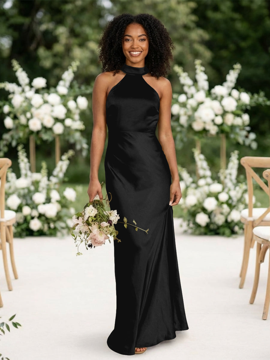 Satin Mermaid Halter Long Bridesmaid Dresses