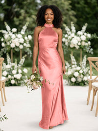 Satin Mermaid Halter Long Bridesmaid Dresses