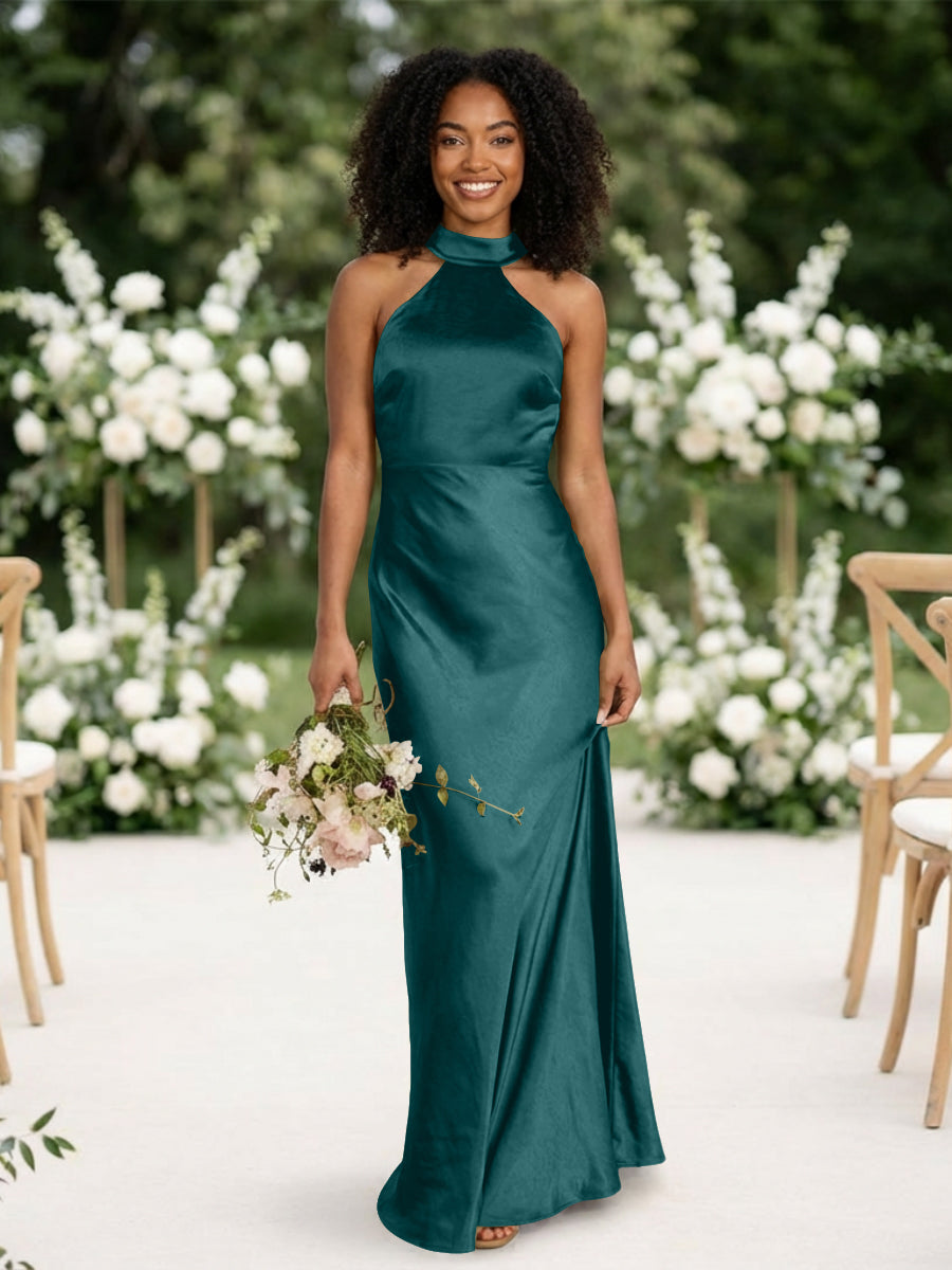 Satin Mermaid Halter Long Bridesmaid Dresses