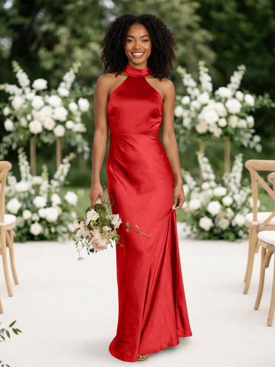 Satin Mermaid Halter Long Bridesmaid Dresses