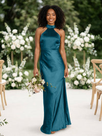 Satin Mermaid Halter Long Bridesmaid Dresses