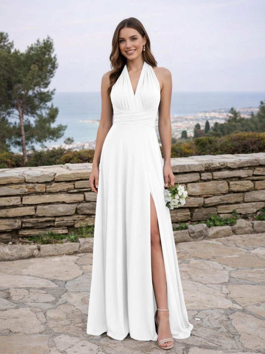 Shirees White Jersey A Line V Neck Long Bridesmaid Dresses 2026