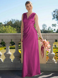 Satin Simple V Neck Long Bridesmaid Dresses